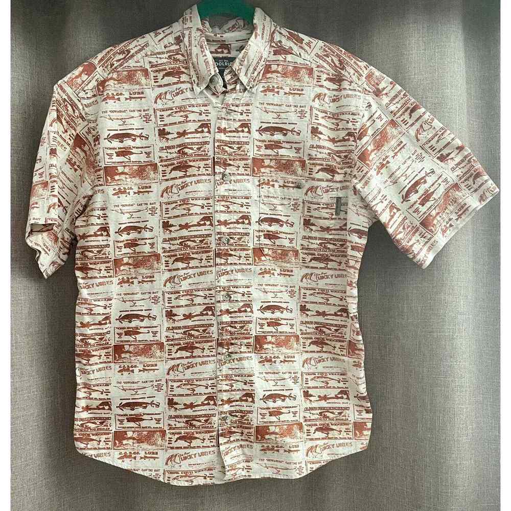 Vintage Woolrich Men's Short Sleeve Tan Rust Fish Lures Button Down Shirt SZ Med
